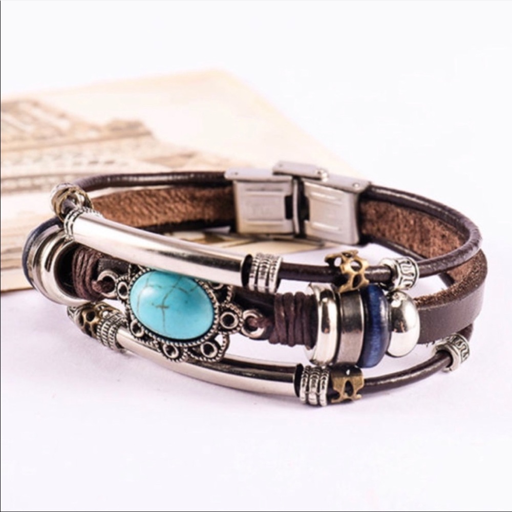Vintage style bohemian turquoise leather bracelet multilayered - Picture 5 of 7